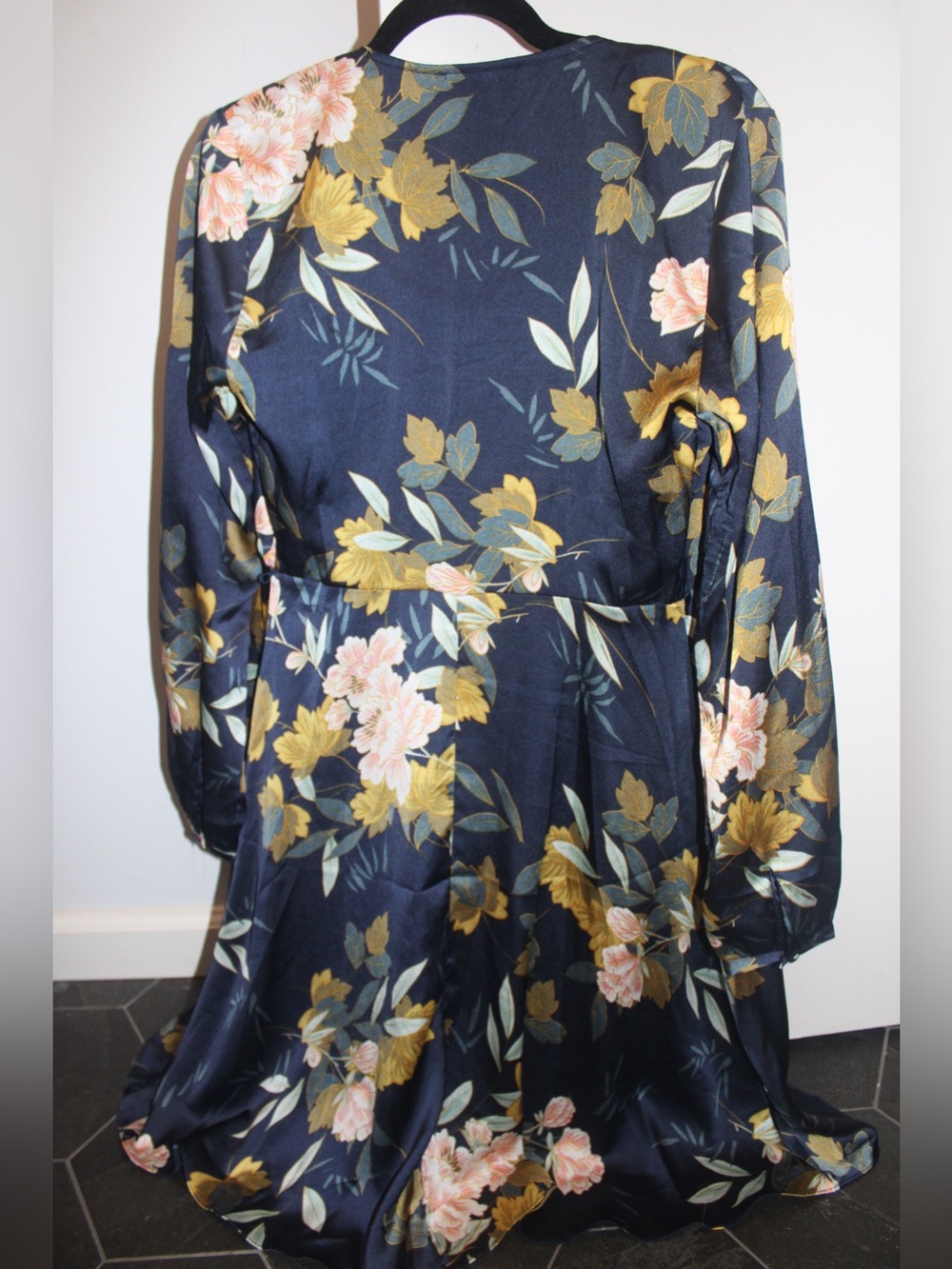 Lulus Love is Life Navy Blue Floral Print Satin Wrap Dress - Size Small - Picture 10 of 11